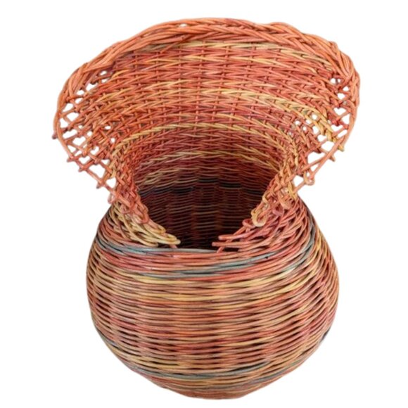 Unique Folded Rim Colorful Woven Wicker Basket - Handmade Home Decor - Picture 1 of 9